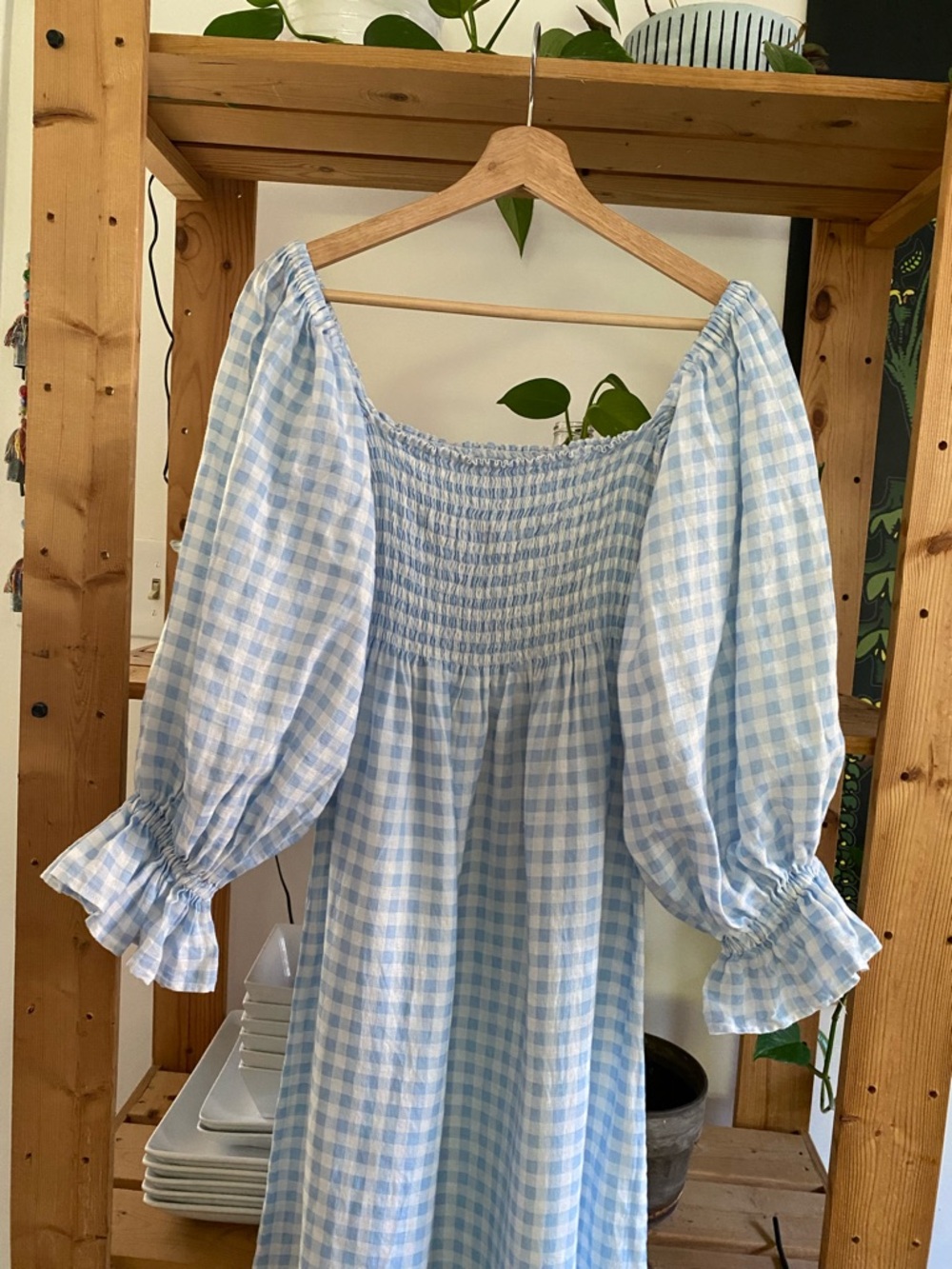 Sleeper Atlanta Linen Midi Dress Blue Gingham Medium - Picture 8 of 15